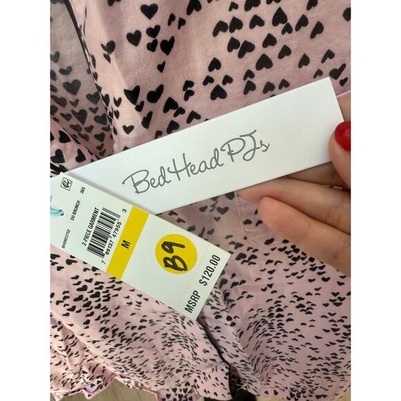 Bed Head PJs Women's Pink Babydoll Tiny Hearts Long Pajamas Two Piece Set Size M - Picture 8 of 9